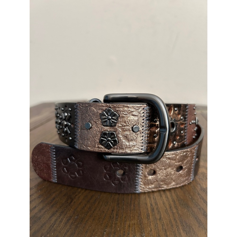 Vintage Fossil Womens Large Brown Leather Patchwork Studded Floral Belt